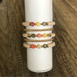 Personalized Beaded Letter Initials Tan Gold Stretch Bracelet Set